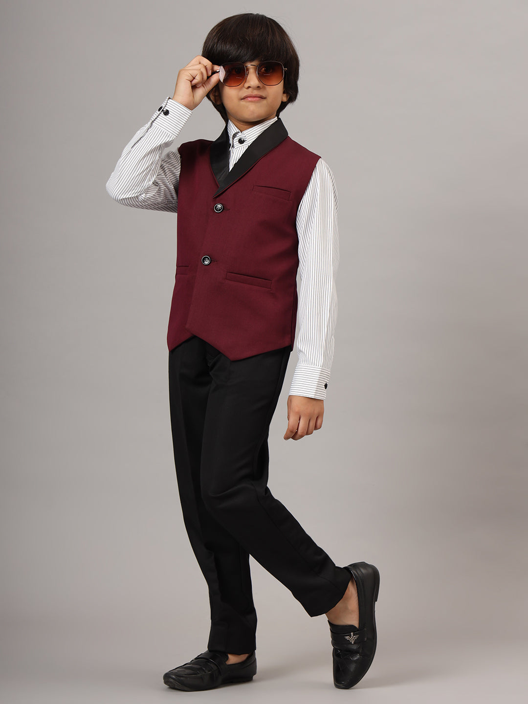 Boys Maroon Tuxedo Waistcoat - Tahvo India