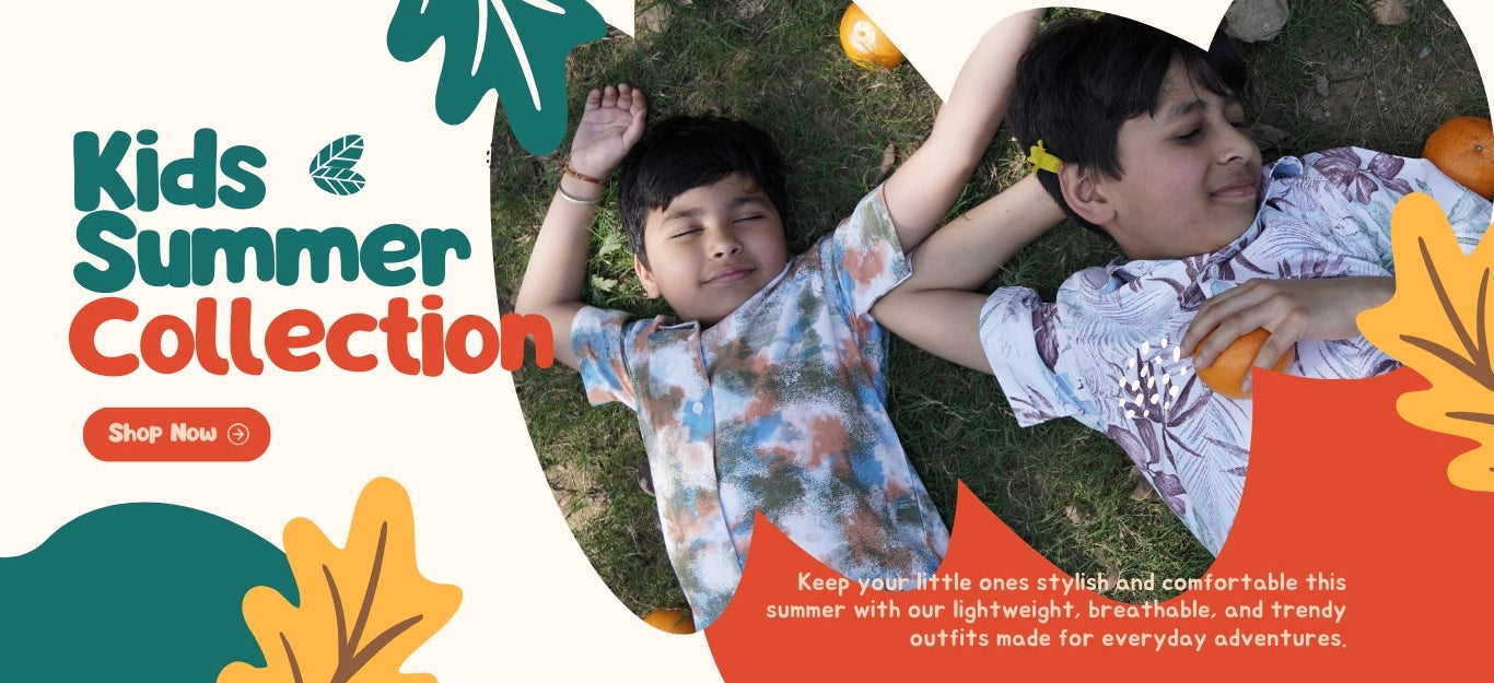 Two children lying on grass with promotional text for a 'Kids Summer Collection' on a white background.