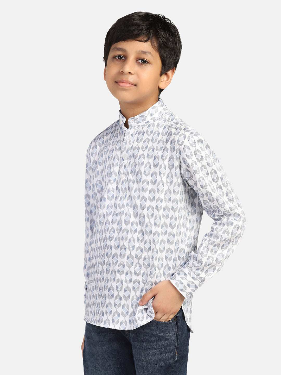 Kids White Printed Shirt Kurta - Tahvo India