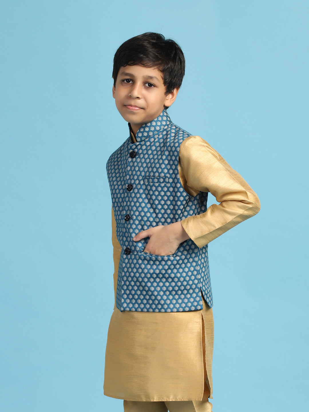Boys Blue Printed Nehru Jacket - Tahvo India