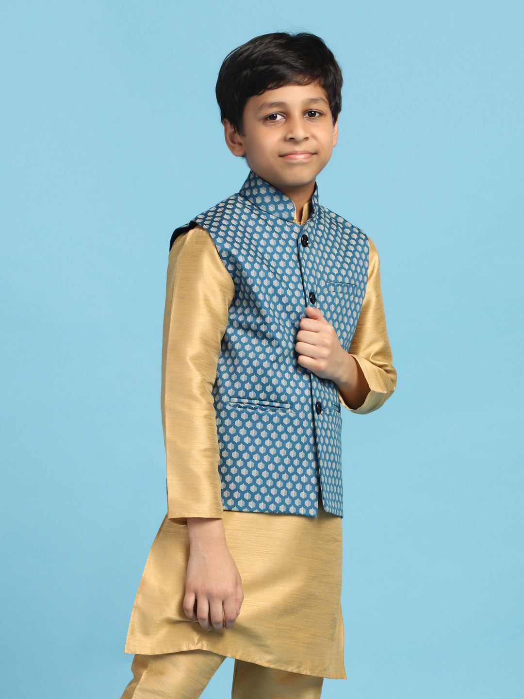Boys Blue Printed Nehru Jacket - Tahvo India